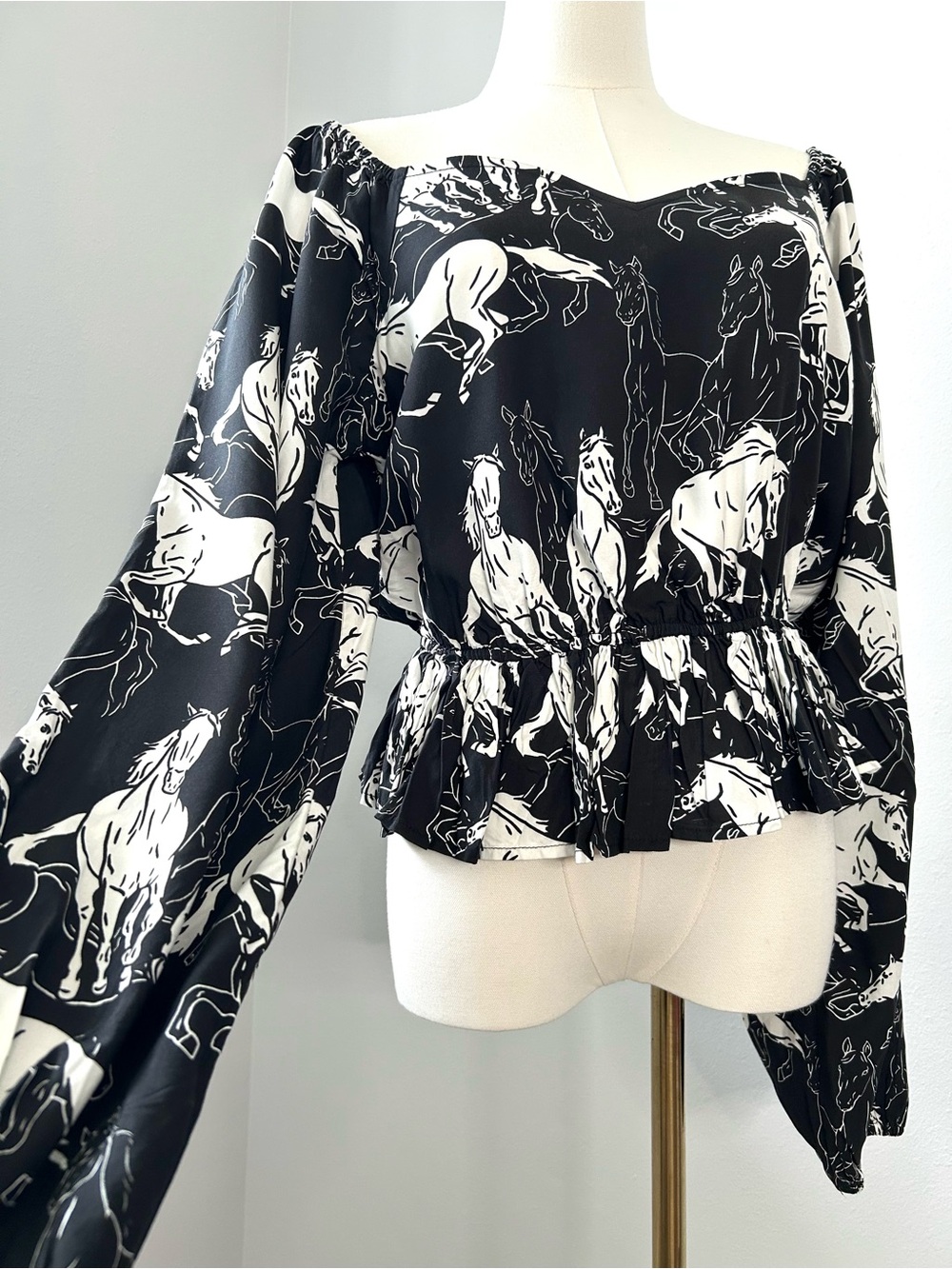 Wrangler Retro Black White Horse Print Balloon Sleeve Peplum Blouse Womens S